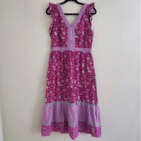 LOFT Women's Border Ruffle Floral V-Neck Sleeveless Midi Dress Size 10 - Picture 6 of 9